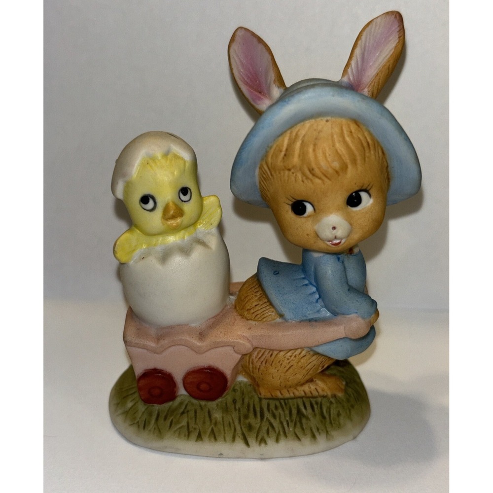 Vintage Porcelain Bisque Bunny Rabbit & Easter Chick Figurine 4" Spring Decor